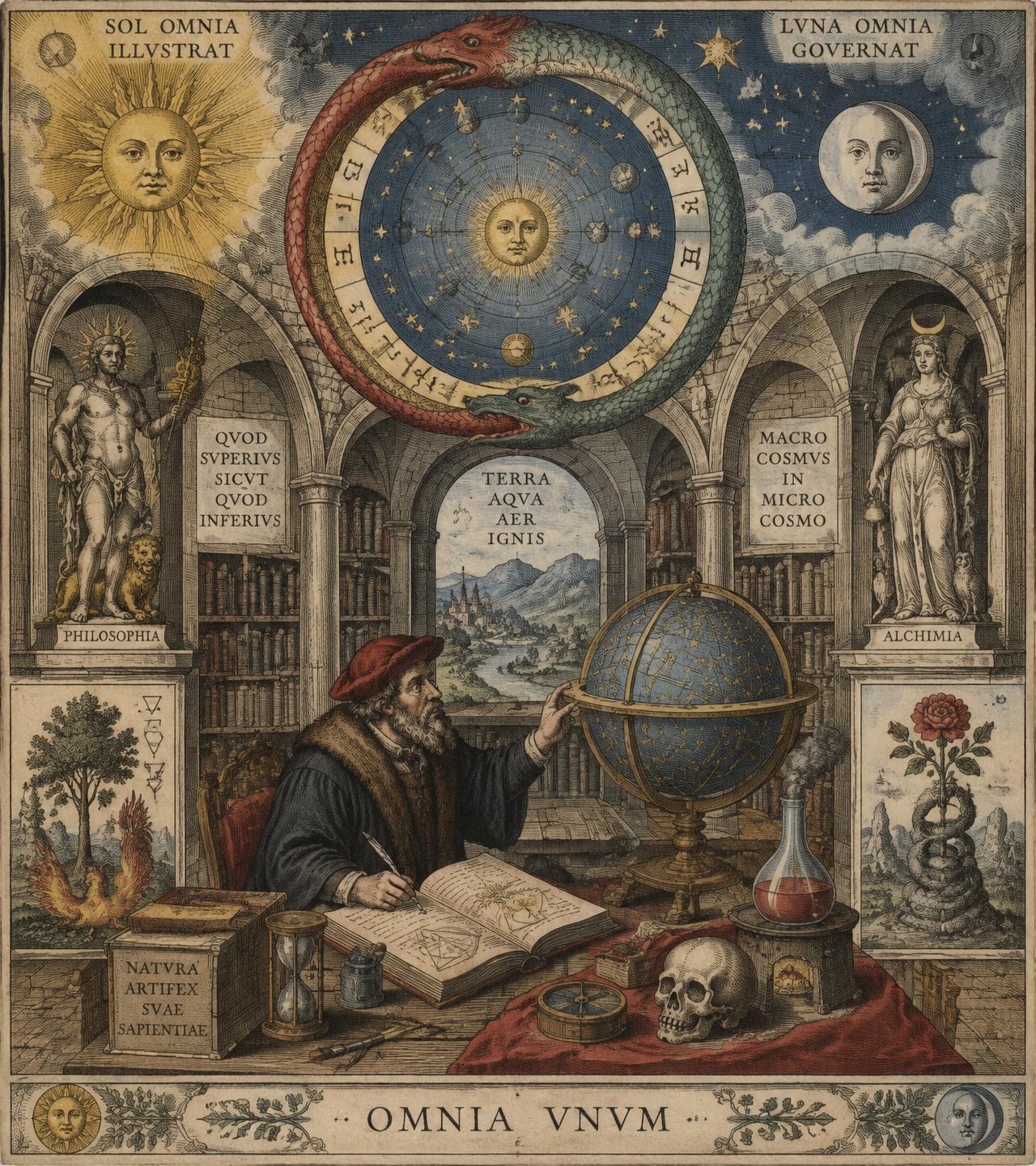 Rycina hermetyczna: alchemik w bibliotece pod sferą niebieską i uroborosem